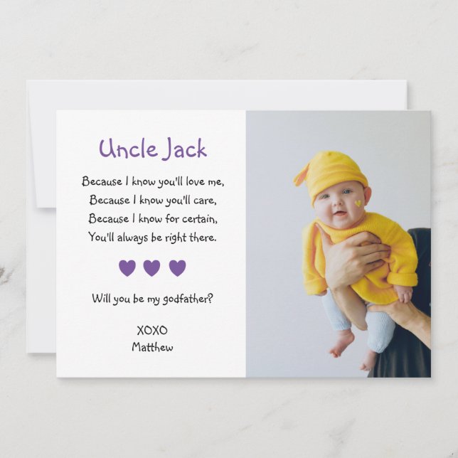 Purple Hearts Will You Be My Godfather With Photo Invitation (Front)