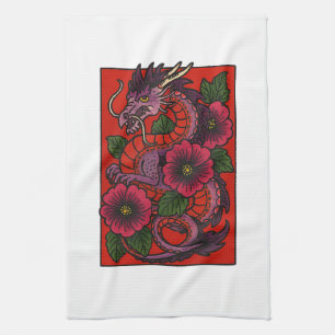 Purple Hibiscus Chinese Dragon Kitchen Towel