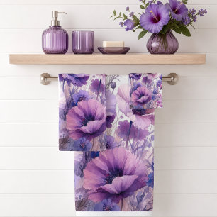 Purple Hibiscus Floral Watercolor Bath Towel Set