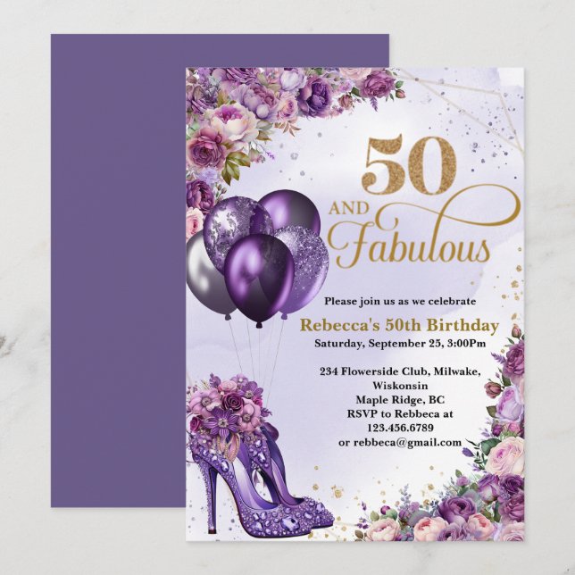 Purple High Heels 50th Birthday Invitation (Front/Back)