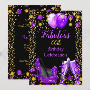 Purple High Heels Gold Balloons Champagne Party Invitation