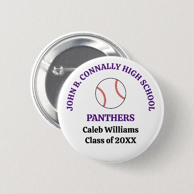 Purple High School Baseball Player Personalized 2 Inch Round Button (Front & Back)