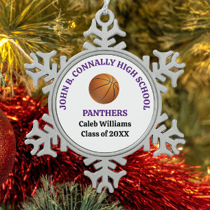 Purple High School Basketball Player Personalized Snowflake Pewter Christmas Ornament
