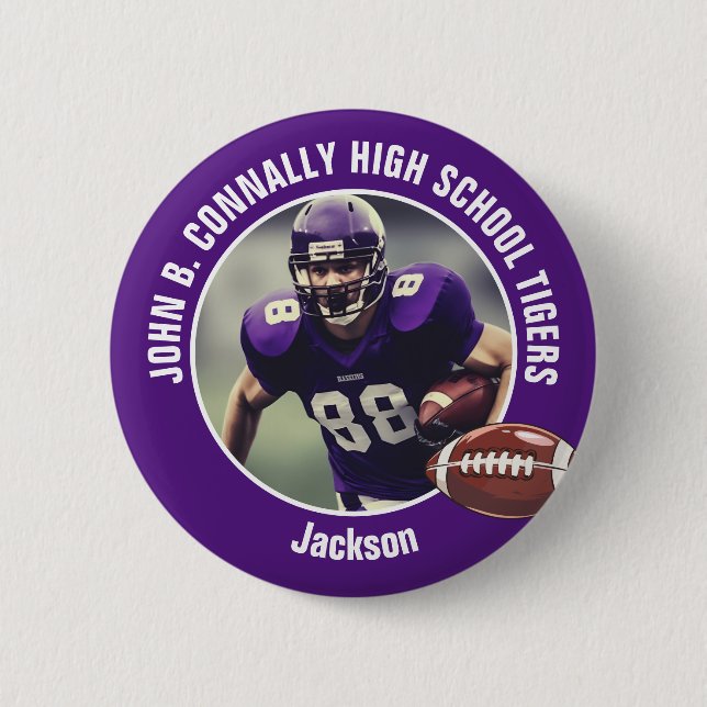 Purple High School Football Player Photo 2 Inch Round Button (Front)