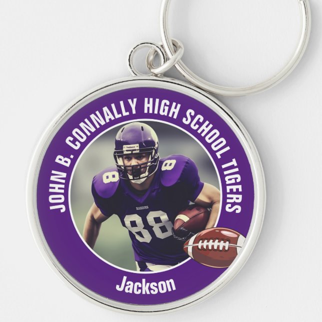 Purple High School Football Player Photo Keychain (Front)