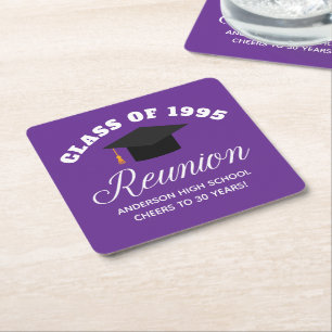 Purple High School Reunion Personalized Party Square Paper Coaster