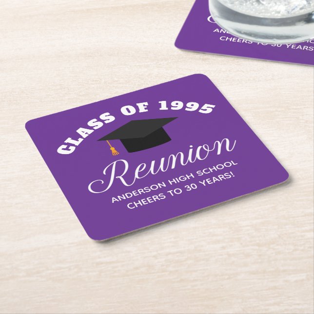 Purple High School Reunion Personalized Party Square Paper Coaster (Angled)
