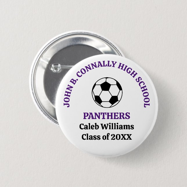 Purple High School Soccer Team Personalized 2 Inch Round Button (Front & Back)