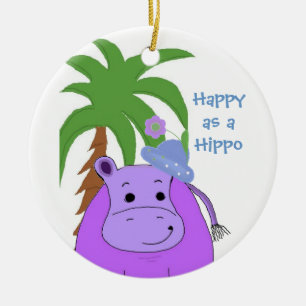 Purple Hippopotamus with a Palm Tree Ceramic Ornament