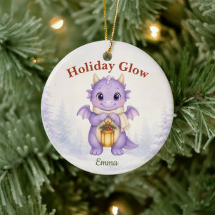 Purple Holiday Glow Personalized Christmas Dragon Ceramic Ornament