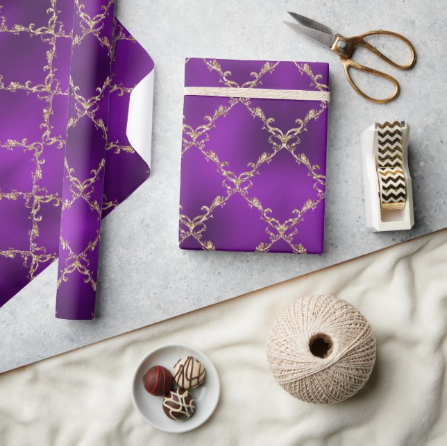 Purple Holiday Gold Glitter Damask Gift Wrapping Paper (Crafts)