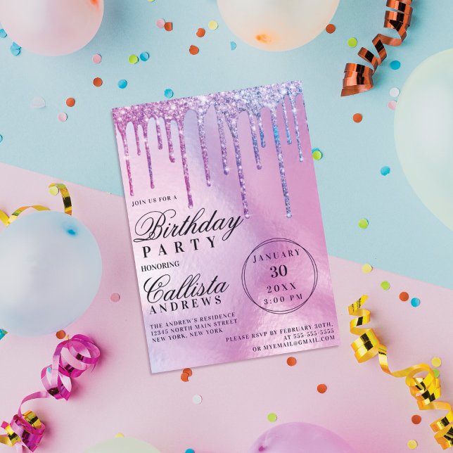 Purple Holographic Glitter Drips Birthday Invitation (Creator Uploaded)