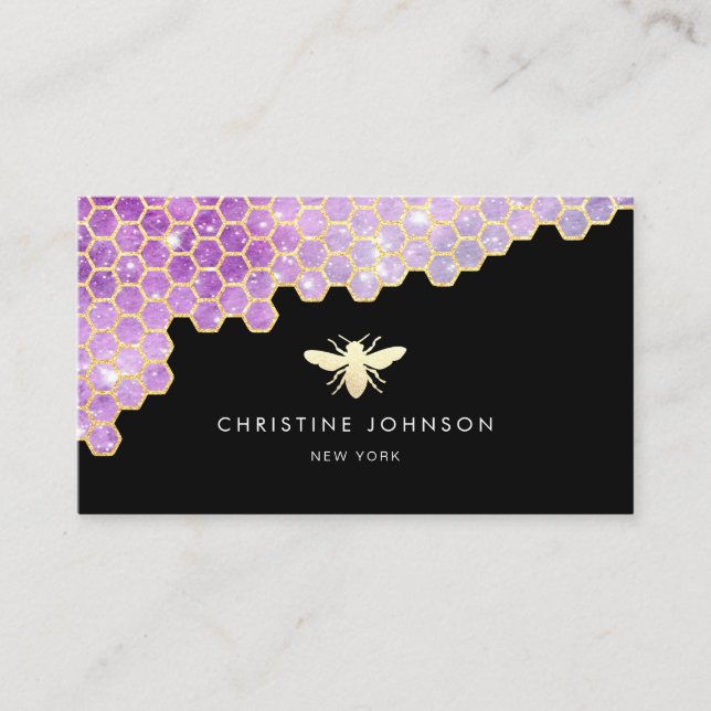 purple honeycomb and faux glitter bee logo business card (Front)
