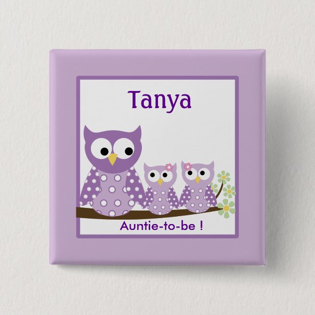 Purple Hoot Owls Baby Shower Name Tag Button (Front)