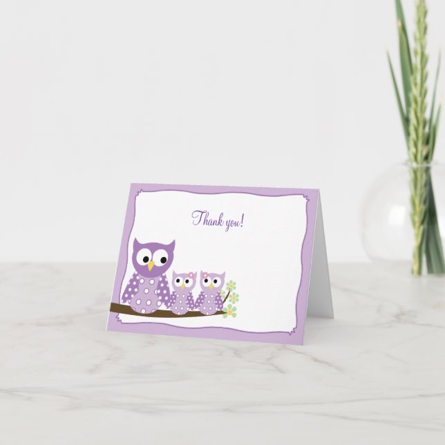 Purple Hoot Owls Folded Thank you note card (Front)