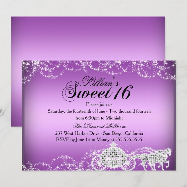 Purple Horse Carriage Princess Sweet 16 Invitation (Devant / Derrière)