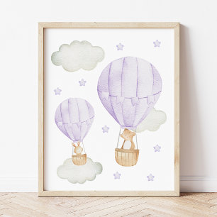 Purple Hot Air Balloon, Animals, Bear, Bunny Photo Print