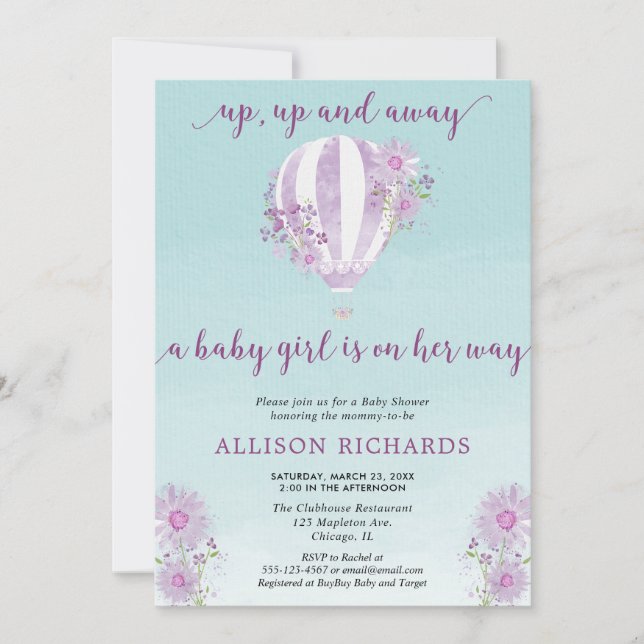 Purple hot air balloon baby shower girl invitation (Front)