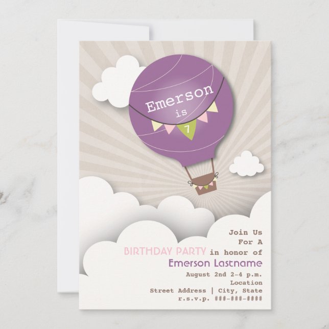Purple Hot Air Balloon & Clouds Kids' Birthday Invitation (Front)
