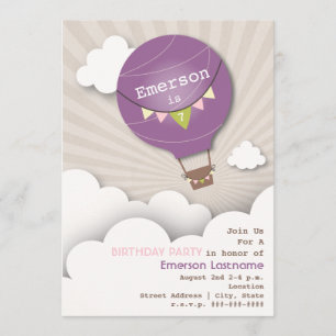Purple Hot Air Balloon & Clouds Kids' Birthday Invitation