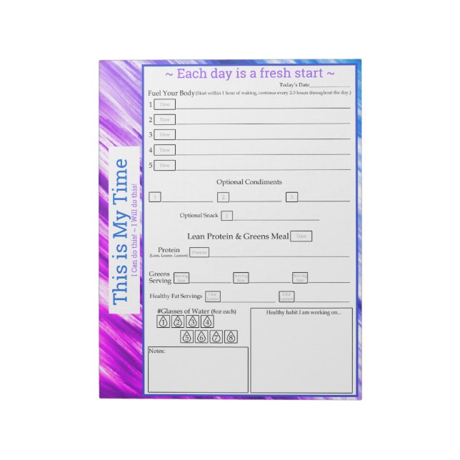 Purple, Hot Pink, Blue 5 plus 1 Meal Tracker Notepad (Rotated)