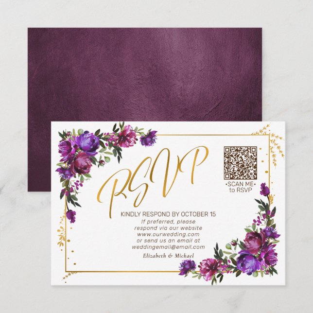 Purple Hot Pink Floral Gold Script QR Code RSVP (Front/Back)