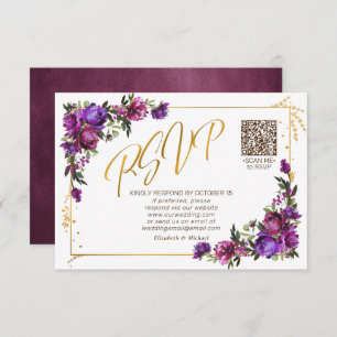 Purple Hot Pink Floral Gold Script QR Code RSVP