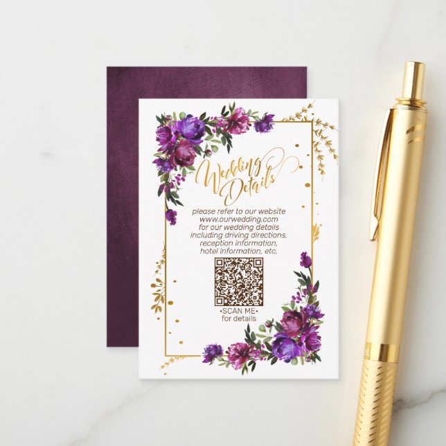 Purple Hot Pink Gold Floral QRCode Wedding Details Enclosure Card (Front/Back In Situ)