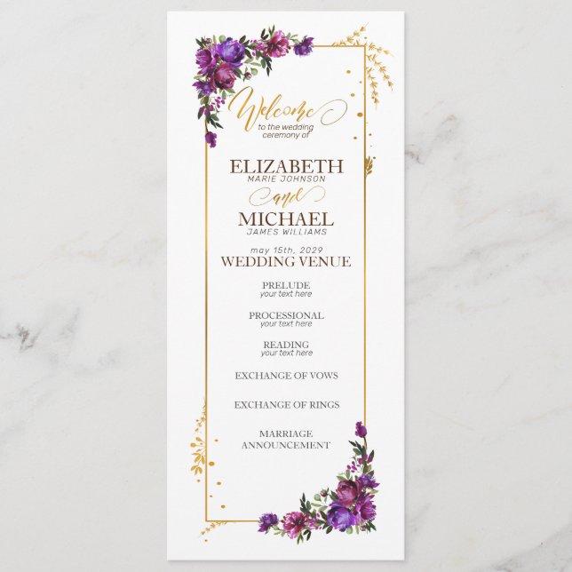 Purple Hot Pink Gold Watercolor Floral Wedding  Program (Front)