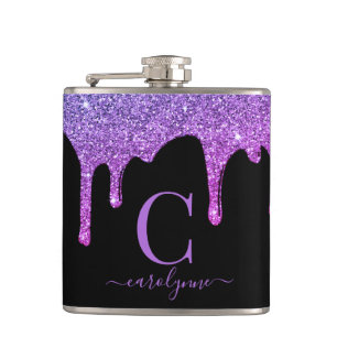 Purple Hot Pink Sparkle Glitter Drips Monogram Hip Flask