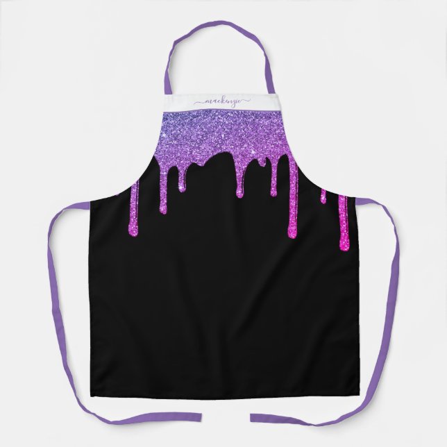 Purple Hot Pink Sparkle Glitter Drips Personalized Apron (Front)