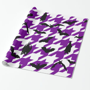 purple houndstooth halloween black bats wrapping paper