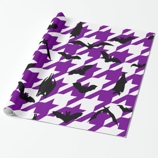 purple houndstooth halloween black bats wrapping paper (Unrolled)