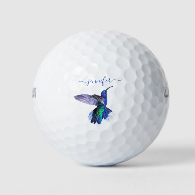 Purple Hummingbird Flying Personalized Name Golf Balls (Front)