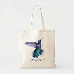Purple Hummingbird Personalized Name Tote Bag
