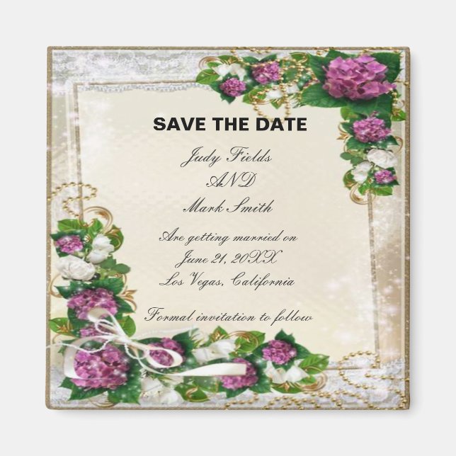 Purple Hydrangea And Lace Save The Date Magnet (Front)