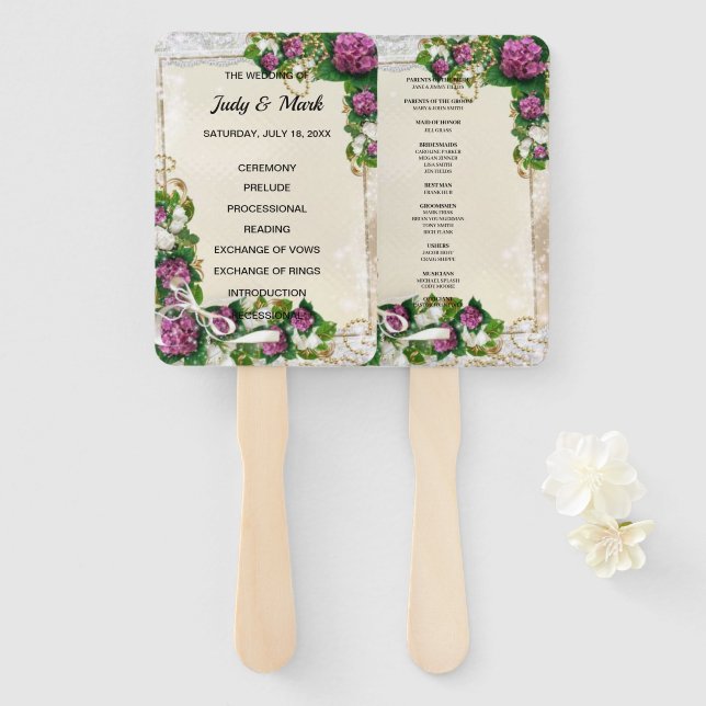 Purple Hydrangea And Lace Wedding Program Hand Fan (Front and Back)