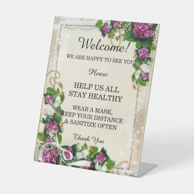 Purple Hydrangea And Lace Wedding Safety  Pedestal Sign (Front)