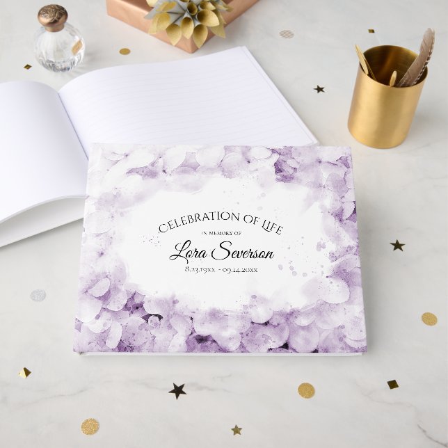 Purple Hydrangea Celebration of Life Memorial Guest Book (Front Open)