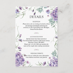 Purple Hydrangea Floral Watercolor Wedding Details Enclosure Card