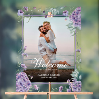 Purple Hydrangea Floral Wedding Welcome Photo Acrylic Sign