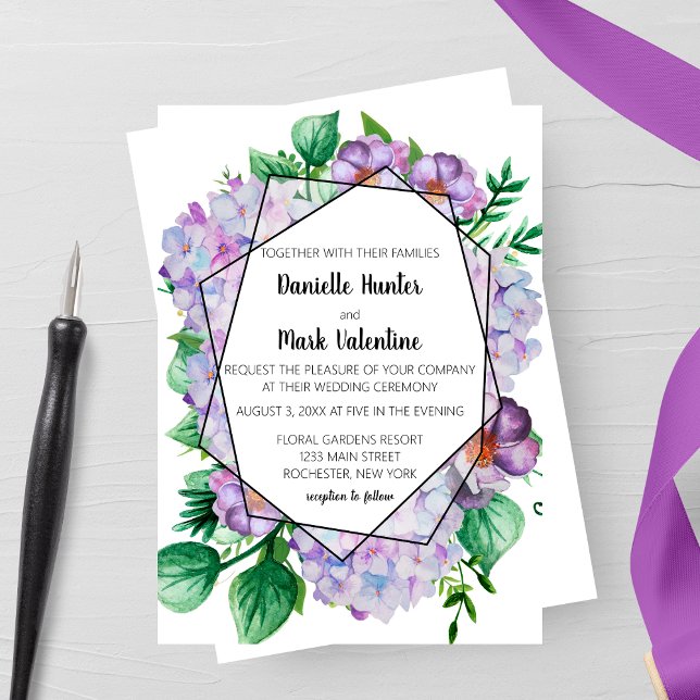 Purple Hydrangea Flower Geometric Wedding Invitation (Creator Uploaded)
