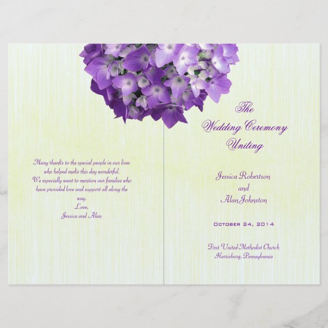 Purple Hydrangea Folded Wedding Program Template (Front)