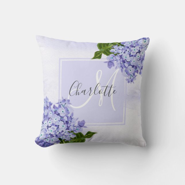 Purple hydrangea monogram throw pillow (Front)