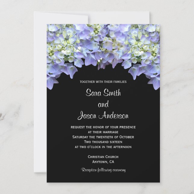 Purple Hydrangea on Black Background Wedding Invitation (Front)