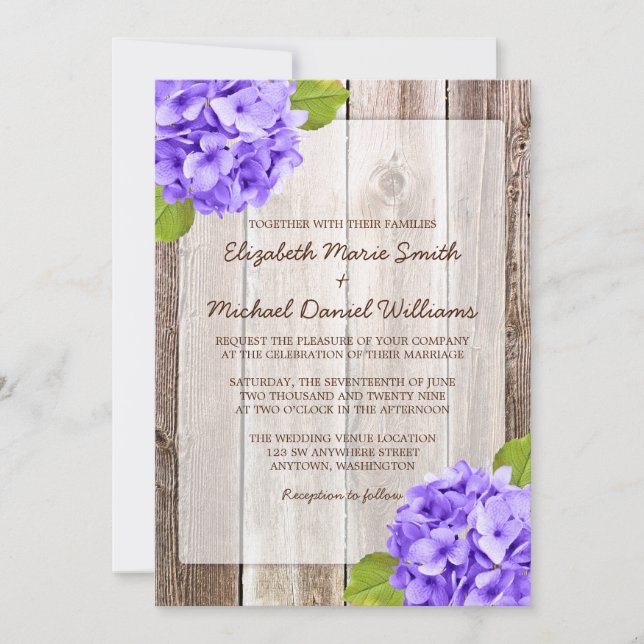 Purple Hydrangea Rustic Floral Barn Wood Wedding Invitation (Front)