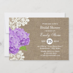 Purple Hydrangea Rustic Laced Burlap Bridal Shower Invitation