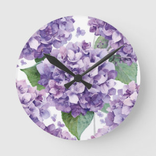 Purple Hydrangea Watercolor Floral Lavender Bloom  Round Clock