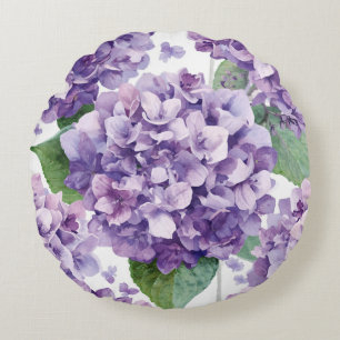 Purple Hydrangea Watercolor Floral Lavender Bloom  Round Pillow