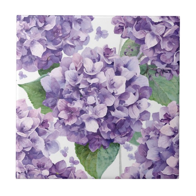 Purple Hydrangea Watercolor Floral Lavender Bloom  Tile (Front)